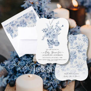Invitation Vintage Floral Elégant Bleu Blanc Bébé Fille Douch