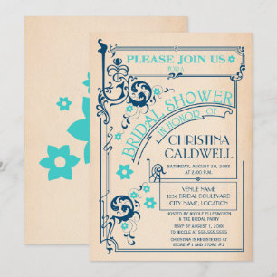 Invitation Vintage Floral Flourish Bleu Marine Aqua Enterreme