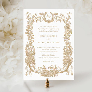 Invitation Vintage Floral Frame Vine Toile Or Crête Mariage