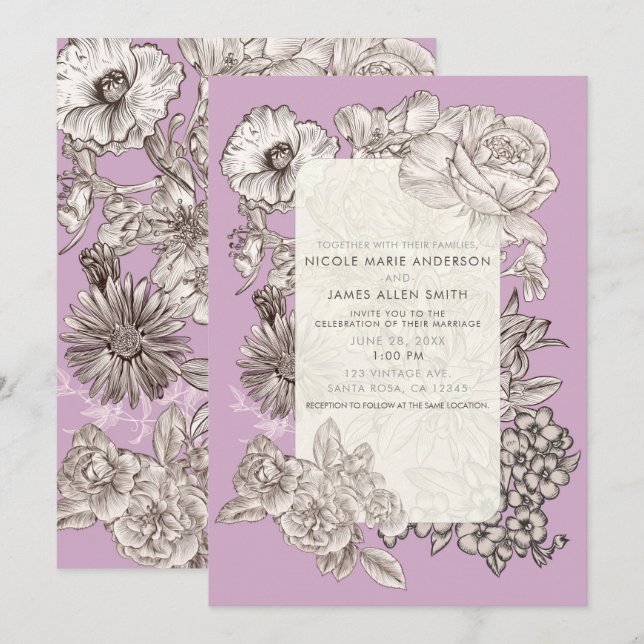 Invitation Vintage Floral Lavande violet Mariage moderne (Devant / Derrière)