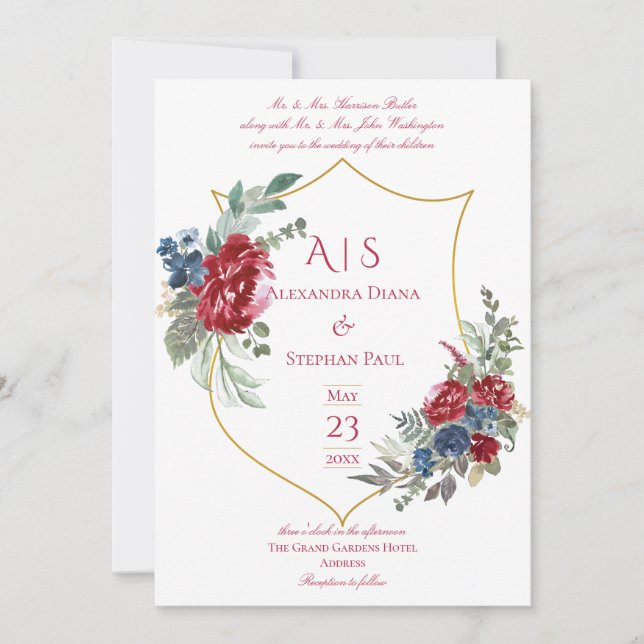 Invitation Vintage Floral Magenta Crest Monogramme Mariage (Devant)