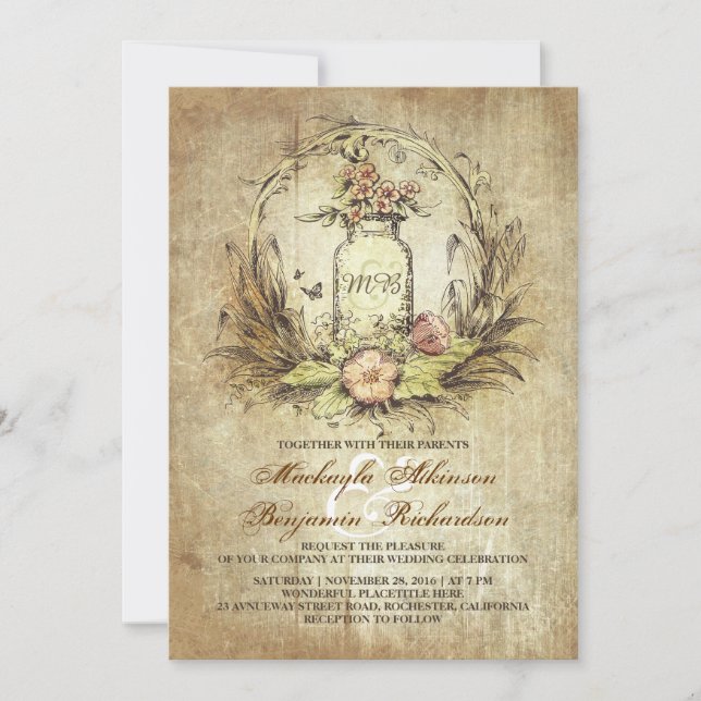 Invitation vintage floral mason jarre mariage rustique (Devant)