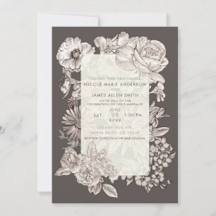 Invitation Vintage Floral moderne ivoire et Mariage gris Invi