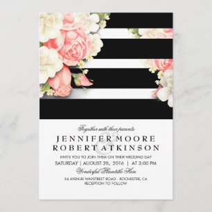 Invitation Vintage Floral noir blanc rayures Mariage