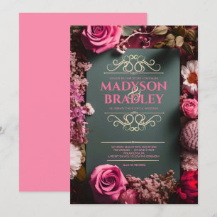 Invitation Vintage Floral Noir & GOLD Flourish Mariage rose