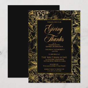 Invitation Vintage Floral Noir Soirée Thanksgiving Gold