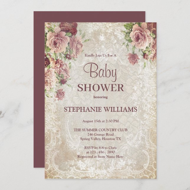 Invitation Vintage Floral, Perles & Damask Baby Show (Devant / Derrière)