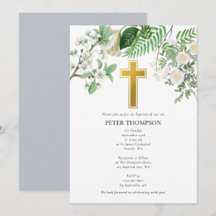 Invitation Vintage Floral Religieux Croix d'Or Baptême
