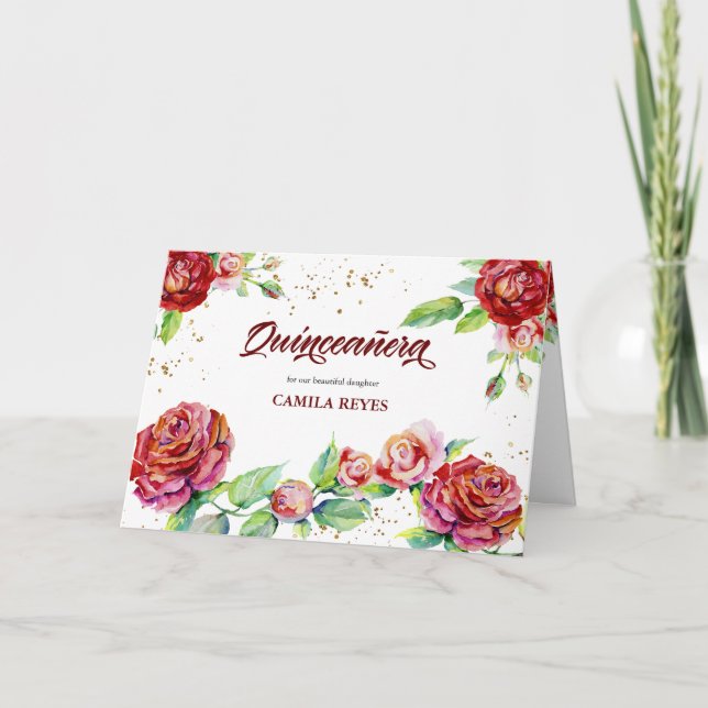 Invitation Vintage Floral Rose Rouge Rose or Quinceanera (Devant)