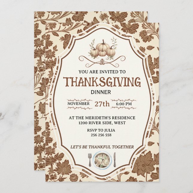 Invitation Vintage Floral Thanksgiving (Devant / Derrière)