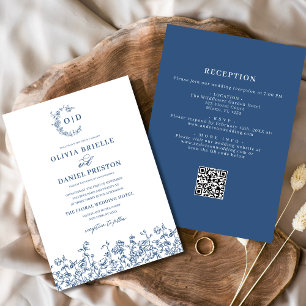 Invitation Vintage floral tout en un Mariage bleu marine