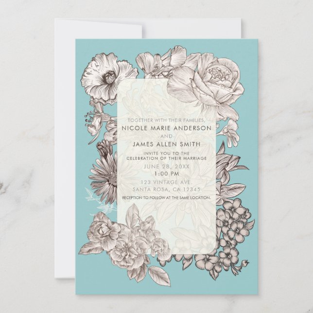Invitation Vintage Floral Turquoise Bleu Moderne Mariage (Devant)
