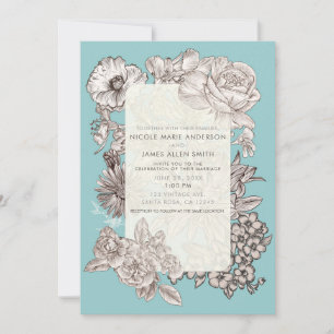 Invitation Vintage Floral Turquoise Bleu Moderne Mariage