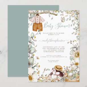 Invitation Vintage Florals Bunny Shorts Baby shower garçon