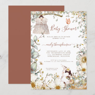 Invitation Vintage Florals Lapin Robe Fille Baby shower