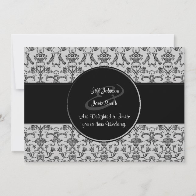 Invitation Vintage Florentine Damask (noir) (Mariage) (Devant)