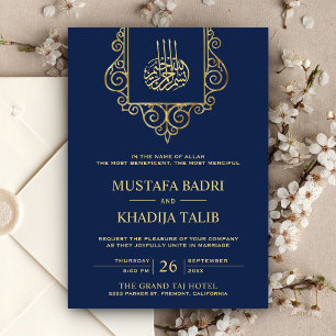 Invitation Vintage Flourish Gold Blue Mariage islamique