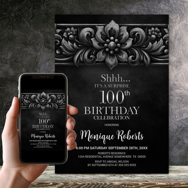 Invitation Vintage Flower Black Surprise 100th Birthday Party (Créateur téléchargé)