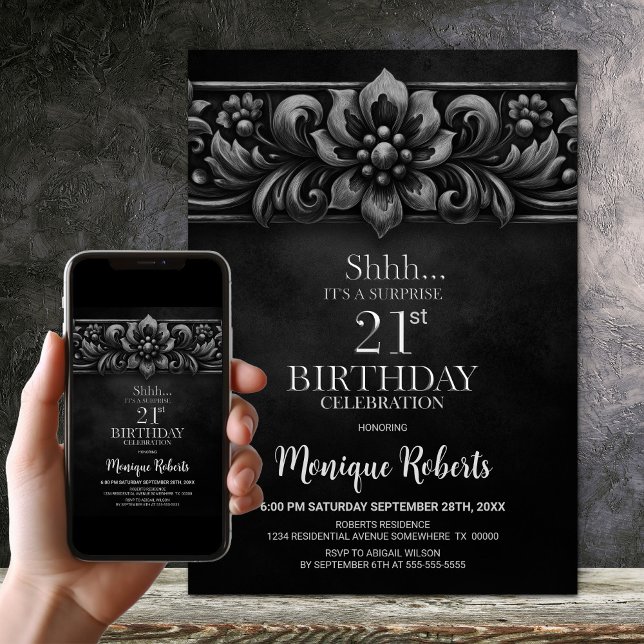 Invitation Vintage Flower Black Surprise 21st Birthday Party (Créateur téléchargé)