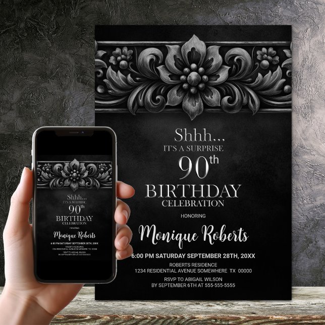 Invitation Vintage Flower Black Surprise 90th Birthday Party (Créateur téléchargé)