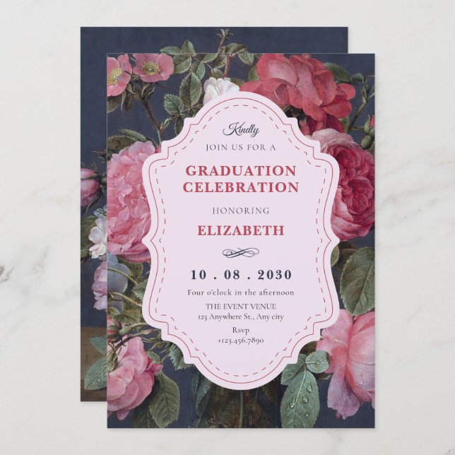 Invitation Vintage flower bouquet art graduation (Devant / Derrière)