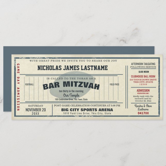 Invitation Vintage Football Pass Bar Mitzvah (Devant / Derrière)