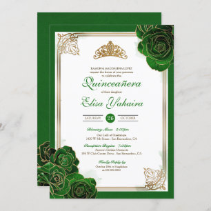 Invitation Vintage Forest Green Gold Roses Royal Quinceanera