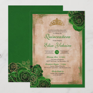 Invitation Vintage Forest Green Gold Roses Royal Quinceanera