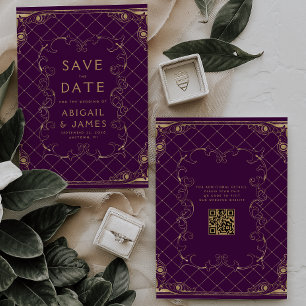 Invitation Vintage Frame Purple Gold Wedding Enregistrer la d