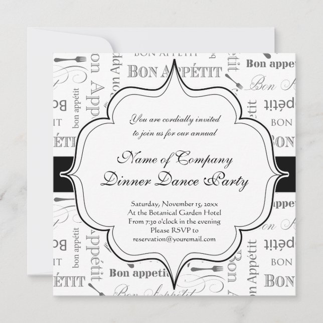 Invitation Vintage Français Bon Appetit Noir et Blanc (Devant)