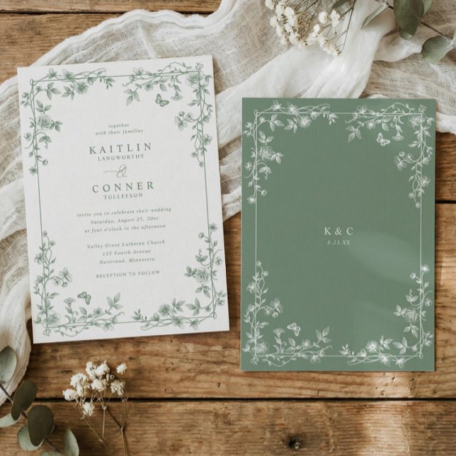 Invitation Vintage French Floral Toile Sage Wedding (Elegant sage green vintage French wedding invitation with chinoiserie floral frame and toile details)