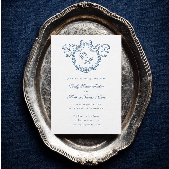 Invitation Vintage French Monogram Wreath Blue Wedding (Créateur téléchargé)