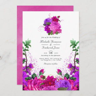 Invitation Vintage Fuchsia and Purple Floral QR Code Mariage