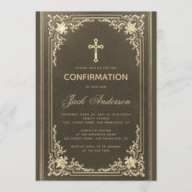 Invitation Vintage Garçon Élégant Écriture Confirmation Noir  (Devant)