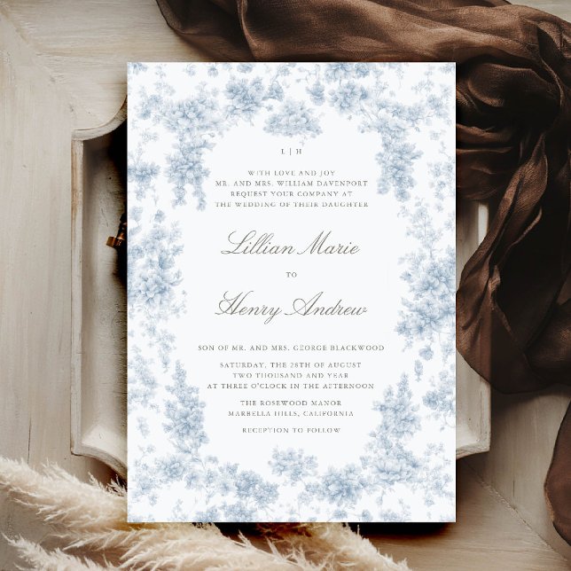 Invitation Vintage Garden Château Blue Toile Mariage classiqu (vintage garden wedding invitation dusty blue toile french floral romantic old money formal tradition)