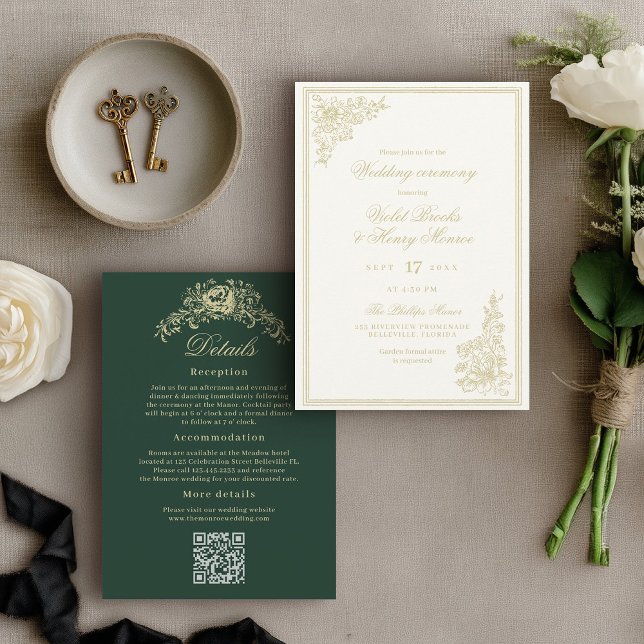Invitation Vintage Garden Classic Details on Back Wedding (Elegant gold floral wedding invitation with romantic script typography and back details with QR code)