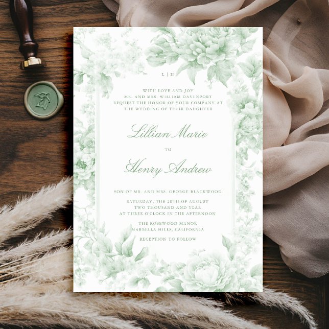 Invitation Vintage Garden Sage Green Toile Mariage classique (vintage garden wedding invitation sage green toile french floral romantic old money formal tradition)