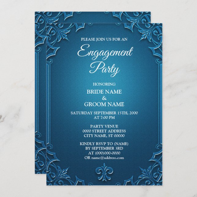 Invitation Vintage Geometric Teal Turquoise Engagement party (Devant / Derrière)