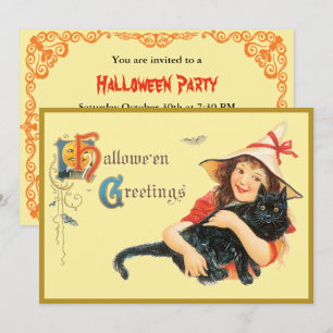 Invitation Vintage Girl et son chat Halloween