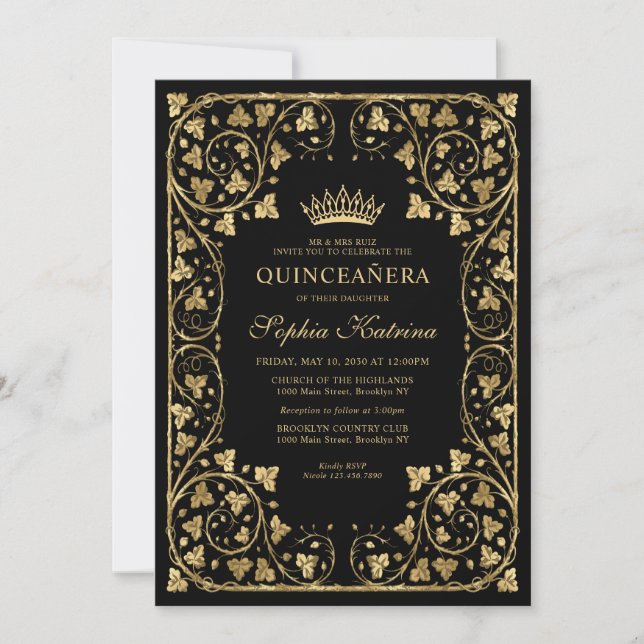 Invitation Vintage Glam Black Gold Frame Tiara Quinceanera (Devant)