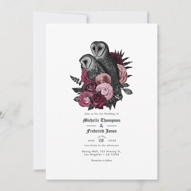 Invitation Vintage Glam Burgundy Owls Gothique Mariage (Devant)