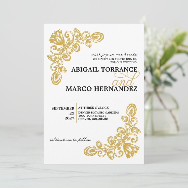 Invitation Vintage Gold avec QR Code Wedding (Debout devant)