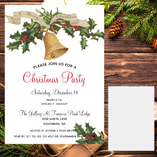 Invitation Vintage Gold Bell Holly Dîner de Noël