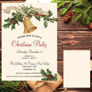 Invitation Vintage Gold Bell Merry Xmas Ribbon Dinner Party