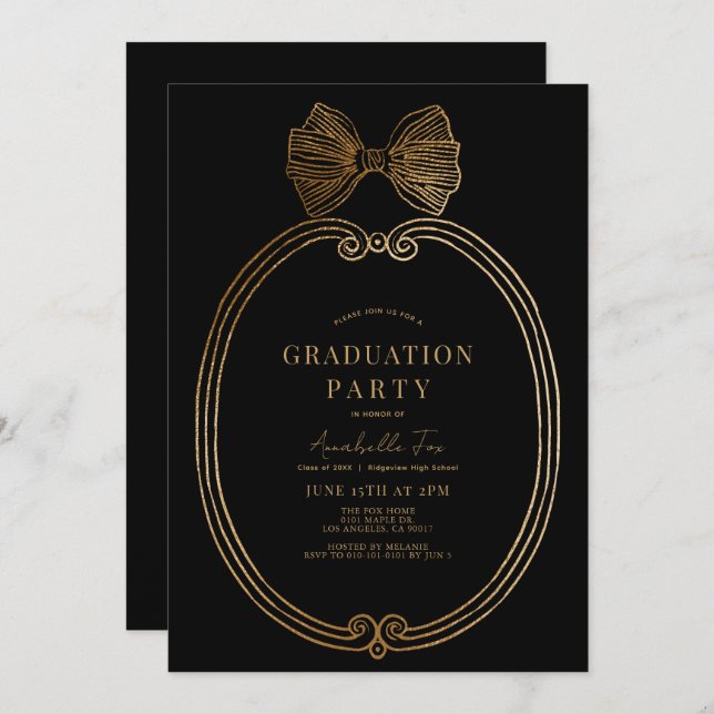 Invitation Vintage Gold Bow Ruban Black Graduation Party (Devant / Derrière)