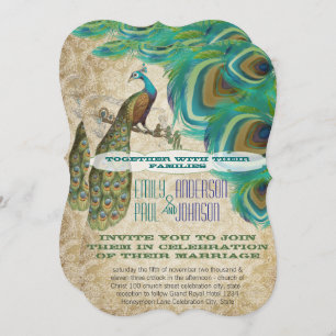 Invitation Vintage Gold Damask Peacock Vintage 4 plumes
