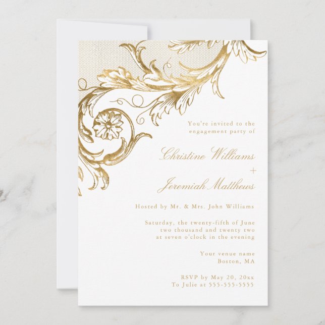 Invitation Vintage Gold Floral Damask Engagement Party (Devant)