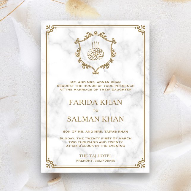 Invitation Vintage Gold Flourish White Marble Islamic Wedding (Créateur téléchargé)