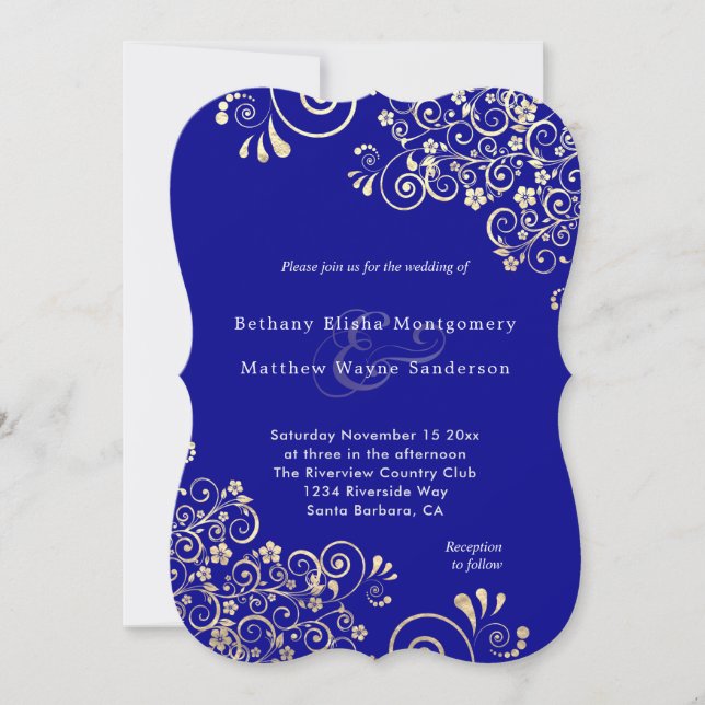 Invitation Vintage Gold Swils Sur Blue Stylish Mariage (Devant)