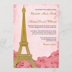 Invitation Vintage Gold Tour Eiffel Rose Roses Mariage